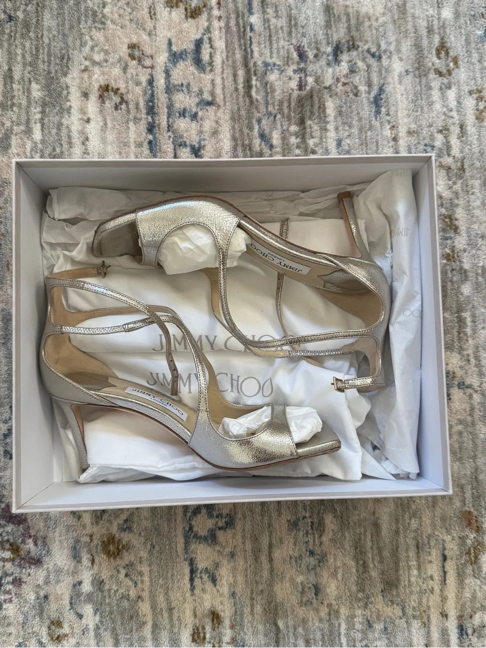 Jimmy Choo Azia Champagne Glitter Leather Sandals - Picture 9 of 10